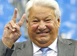 Boris Yeltsin showing a "Neronic cross" or "reverse broken cross" Satanic hand sign